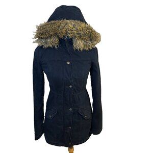 Hollister Faux Fur Trim Hooded Parka Coat, Zipper & Snaps, Navy Blue, Size XS